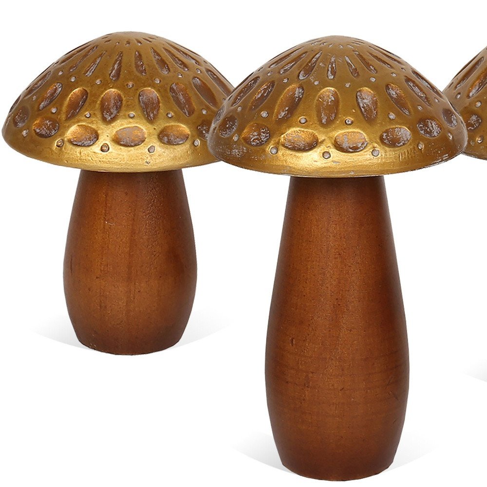 Set of Three Brown And Gold Wood Mushroom Tabletop Sculptures HomeRoots