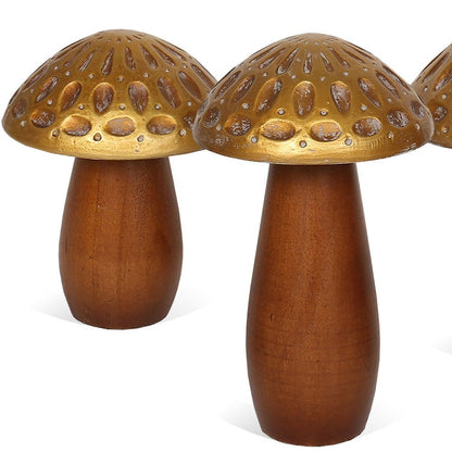 Set of Three Brown And Gold Wood Mushroom Tabletop Sculptures HomeRoots