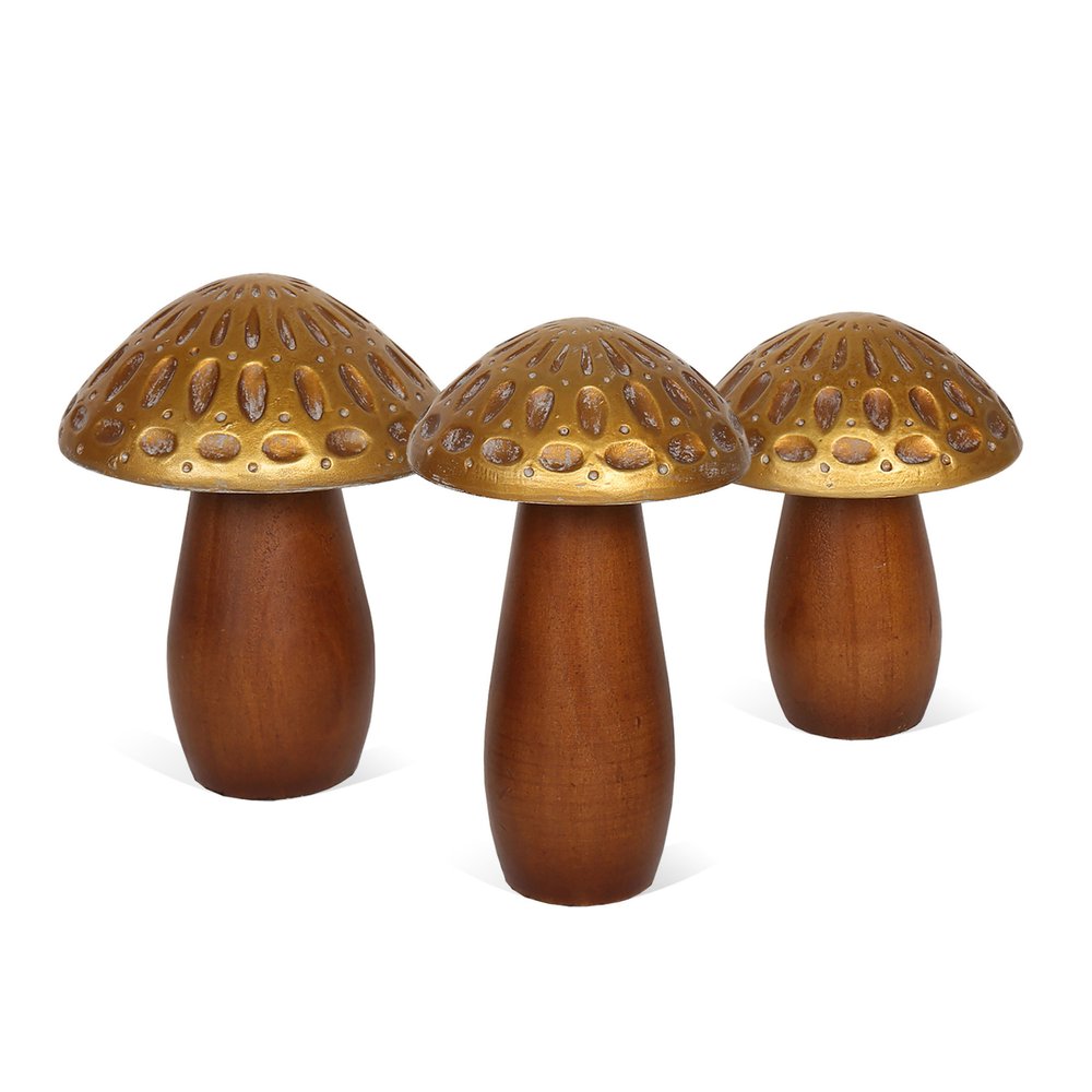 Set of Three Brown And Gold Wood Mushroom Tabletop Sculptures HomeRoots
