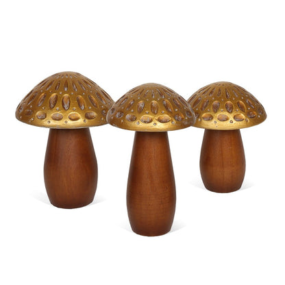 Set of Three Brown And Gold Wood Mushroom Tabletop Sculptures HomeRoots