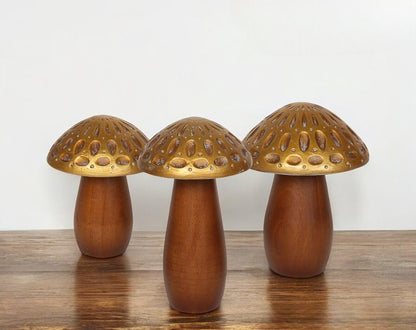 Set of Three Brown And Gold Wood Mushroom Tabletop Sculptures HomeRoots