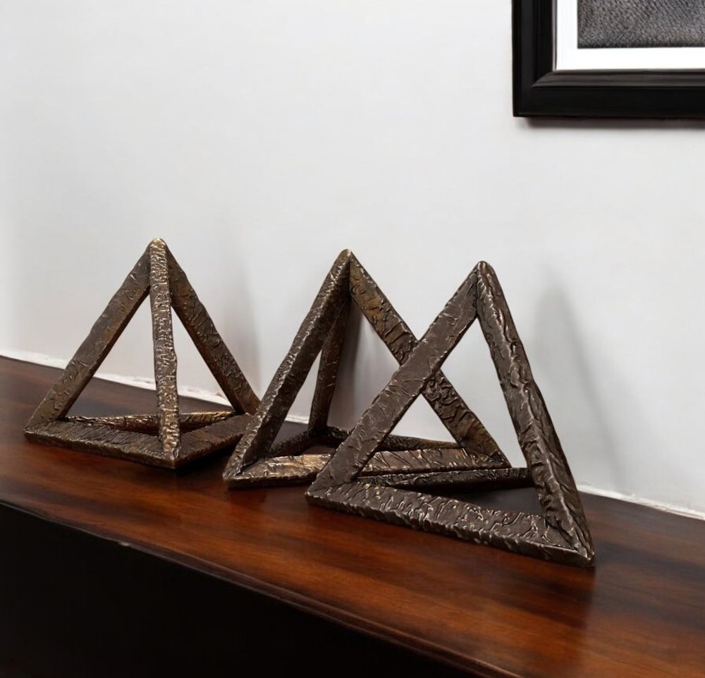 Set of Three Bronze Metal Pyramid Tabletop Sculptures HomeRoots