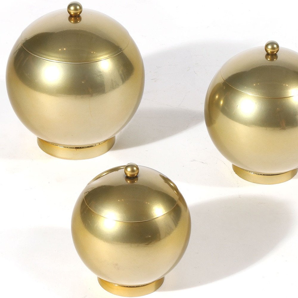 Set of Three Gold Metal Decorative Lidded Canisters HomeRoots