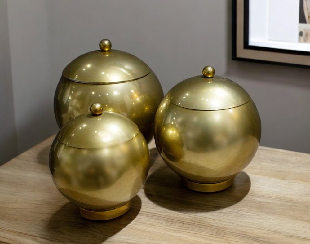 Set of Three Gold Metal Decorative Lidded Canisters HomeRoots