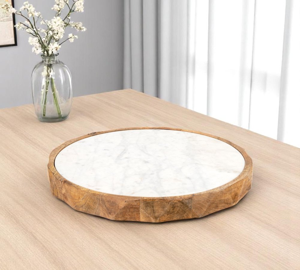 15" Brown And White Marble And Solid Wood Round Cheese Board HomeRoots