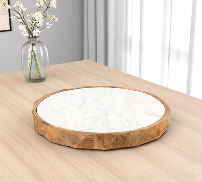 15" Brown And White Marble And Solid Wood Round Cheese Board HomeRoots