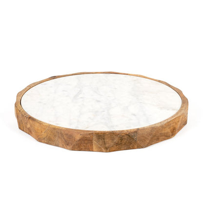 15" Brown And White Marble And Solid Wood Round Cheese Board HomeRoots