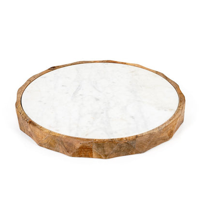 15" Brown And White Marble And Solid Wood Round Cheese Board HomeRoots