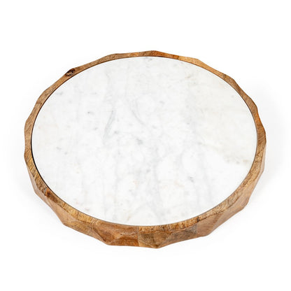 15" Brown And White Marble And Solid Wood Round Cheese Board HomeRoots