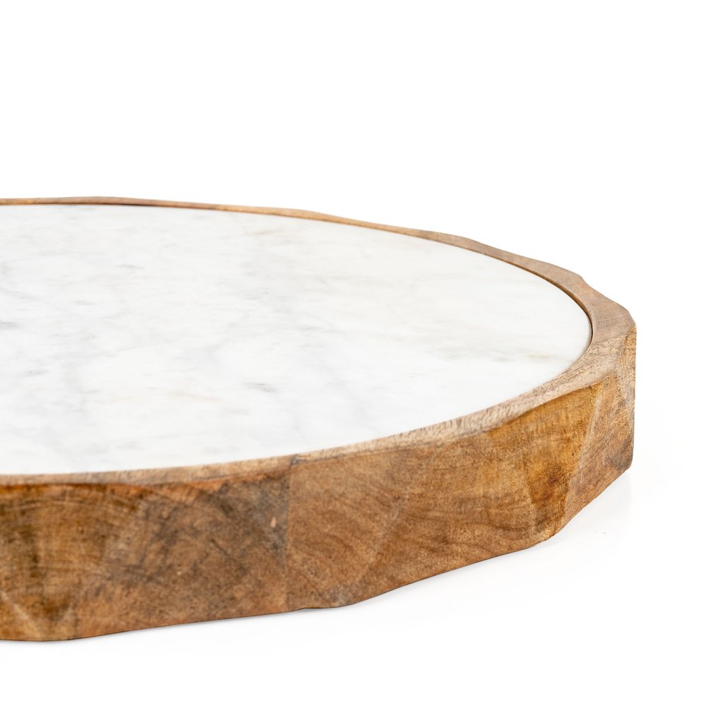 15" Brown And White Marble And Solid Wood Round Cheese Board HomeRoots