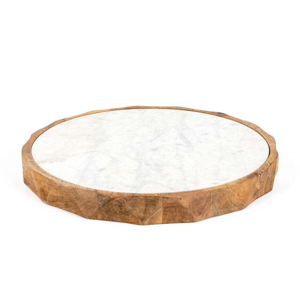 15" Brown And White Marble And Solid Wood Round Cheese Board HomeRoots