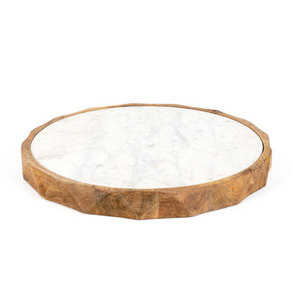 15" Brown And White Marble And Solid Wood Round Cheese Board HomeRoots