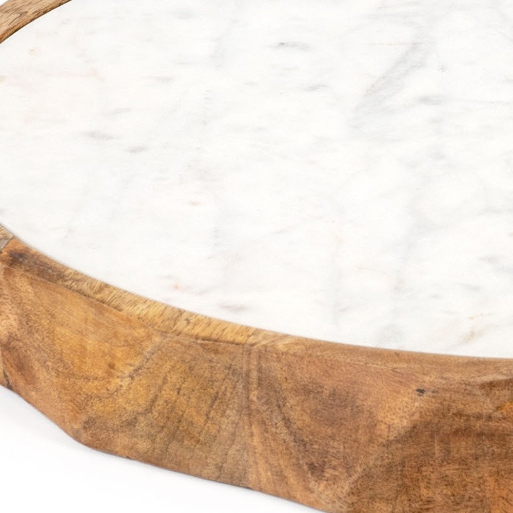 15" Brown And White Marble And Solid Wood Round Cheese Board HomeRoots