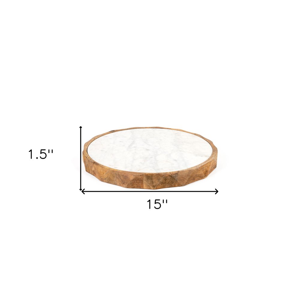 15" Brown And White Marble And Solid Wood Round Cheese Board HomeRoots