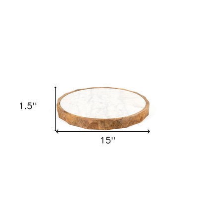 15" Brown And White Marble And Solid Wood Round Cheese Board HomeRoots