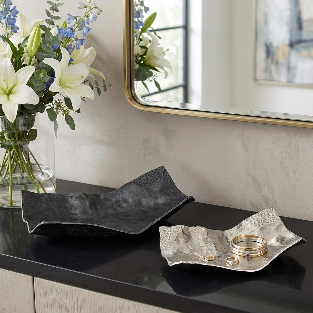 Set of Two Black And Silver Aluminum Abstract Vanity Trays — view 1