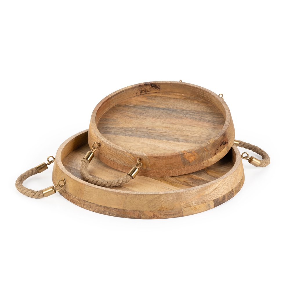 Set of Two Brown Round Solid Wood Serving Trays With Handles HomeRoots