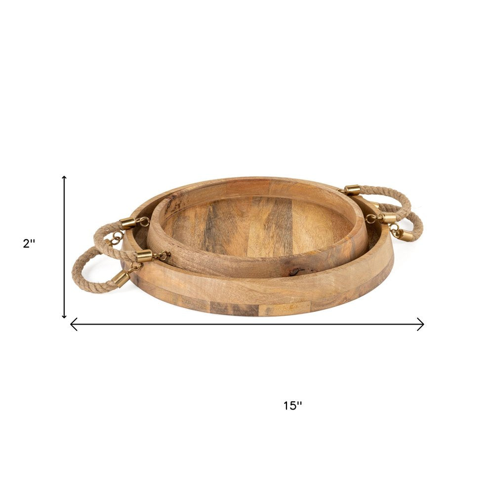 Set of Two Brown Round Solid Wood Serving Trays With Handles HomeRoots