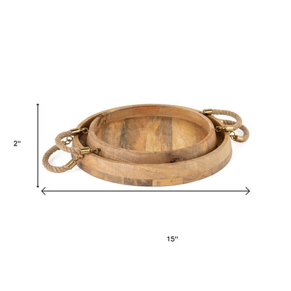 Set of Two Brown Round Solid Wood Serving Trays With Handles HomeRoots