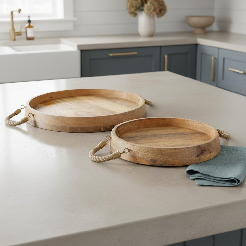 Set of Two Brown Round Solid Wood Serving Trays With Handles HomeRoots