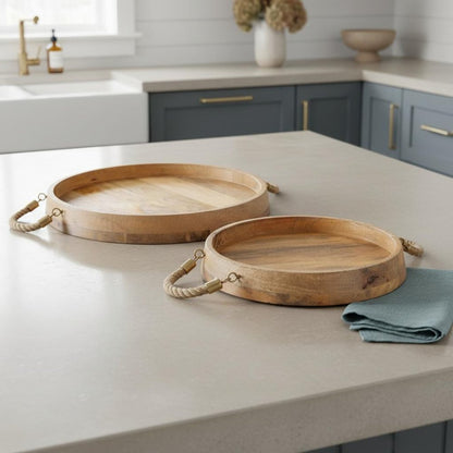 Set of Two Brown Round Solid Wood Serving Trays With Handles HomeRoots