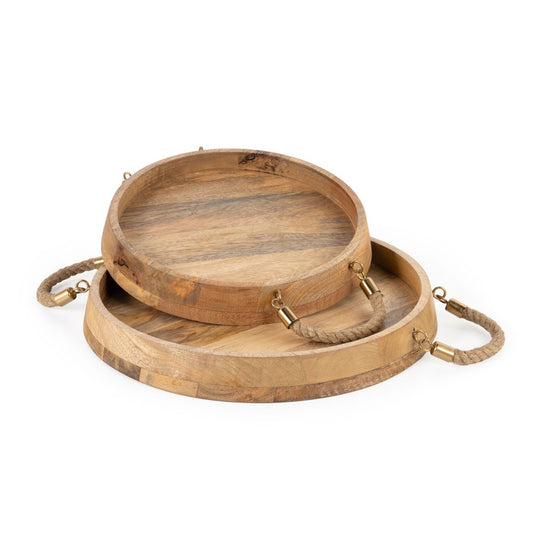 Set of Two Brown Round Solid Wood Serving Trays With Handles HomeRoots