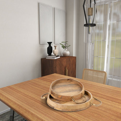 Set of Two Brown Round Solid Wood Serving Trays With Handles HomeRoots