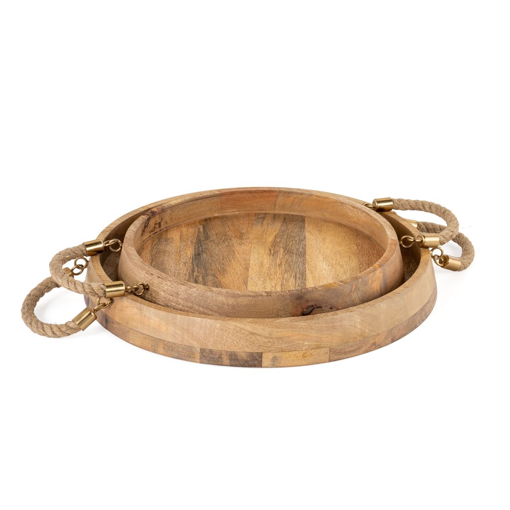 Set of Two Brown Round Solid Wood Serving Trays With Handles HomeRoots