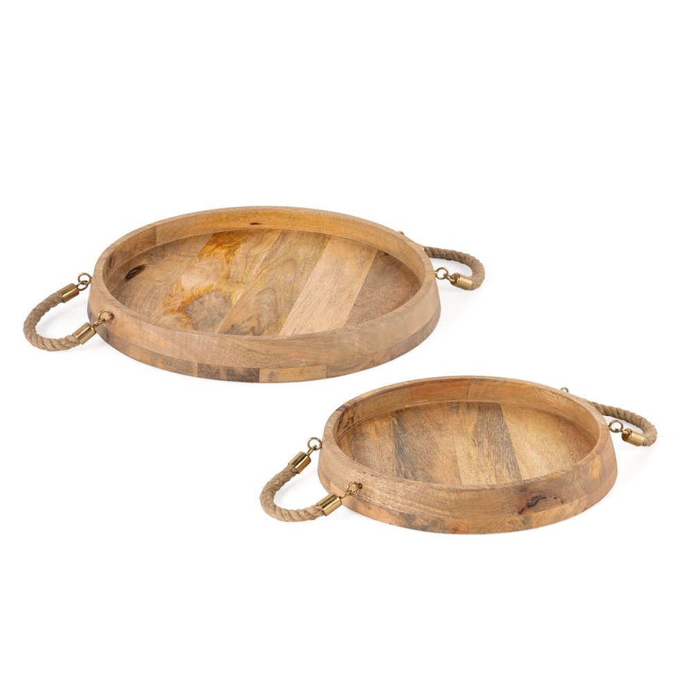 Set of Two Brown Round Solid Wood Serving Trays With Handles HomeRoots