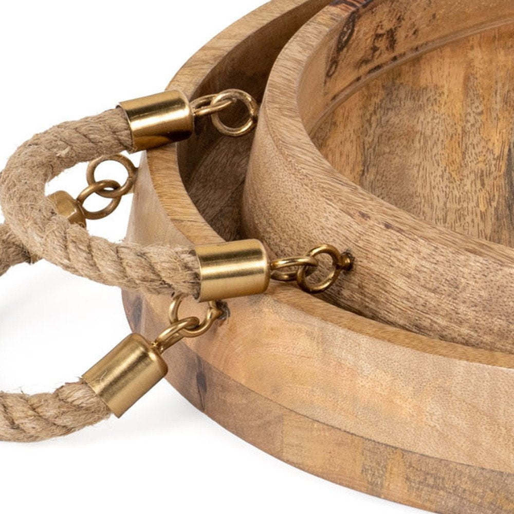 Set of Two Brown Round Solid Wood Serving Trays With Handles HomeRoots