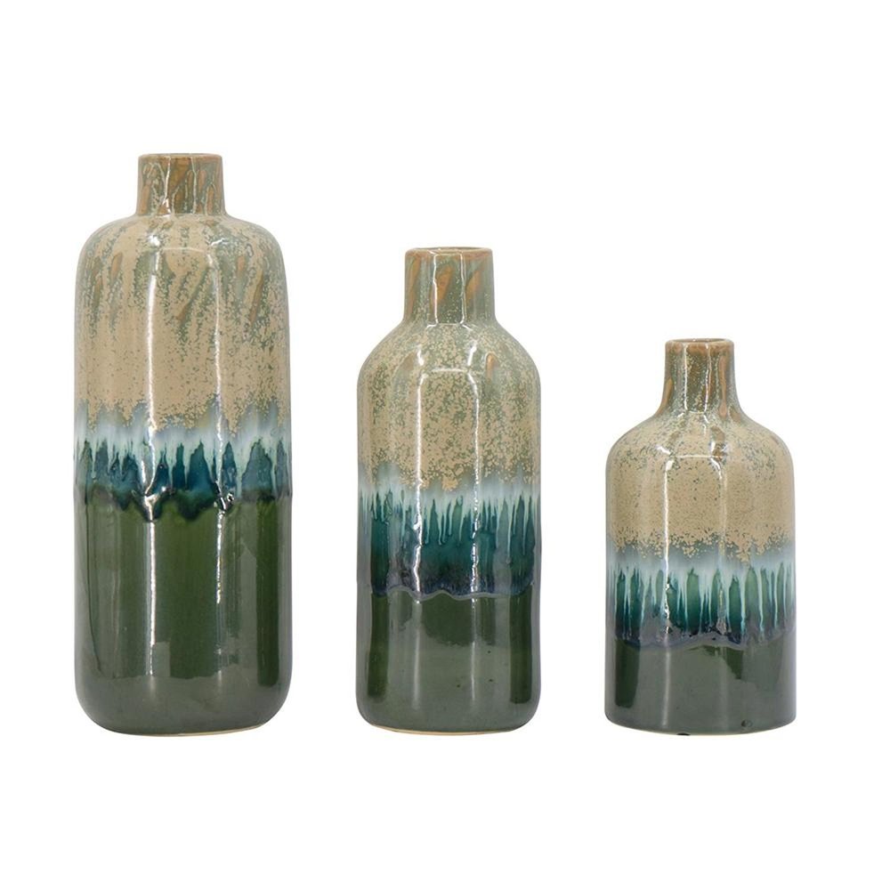 Set of Three Beige Blue And Green Round Ceramic Table Vase HomeRoots
