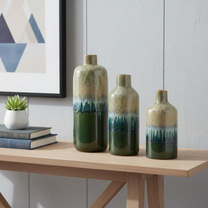 Set of Three Beige Blue And Green Round Ceramic Table Vase HomeRoots