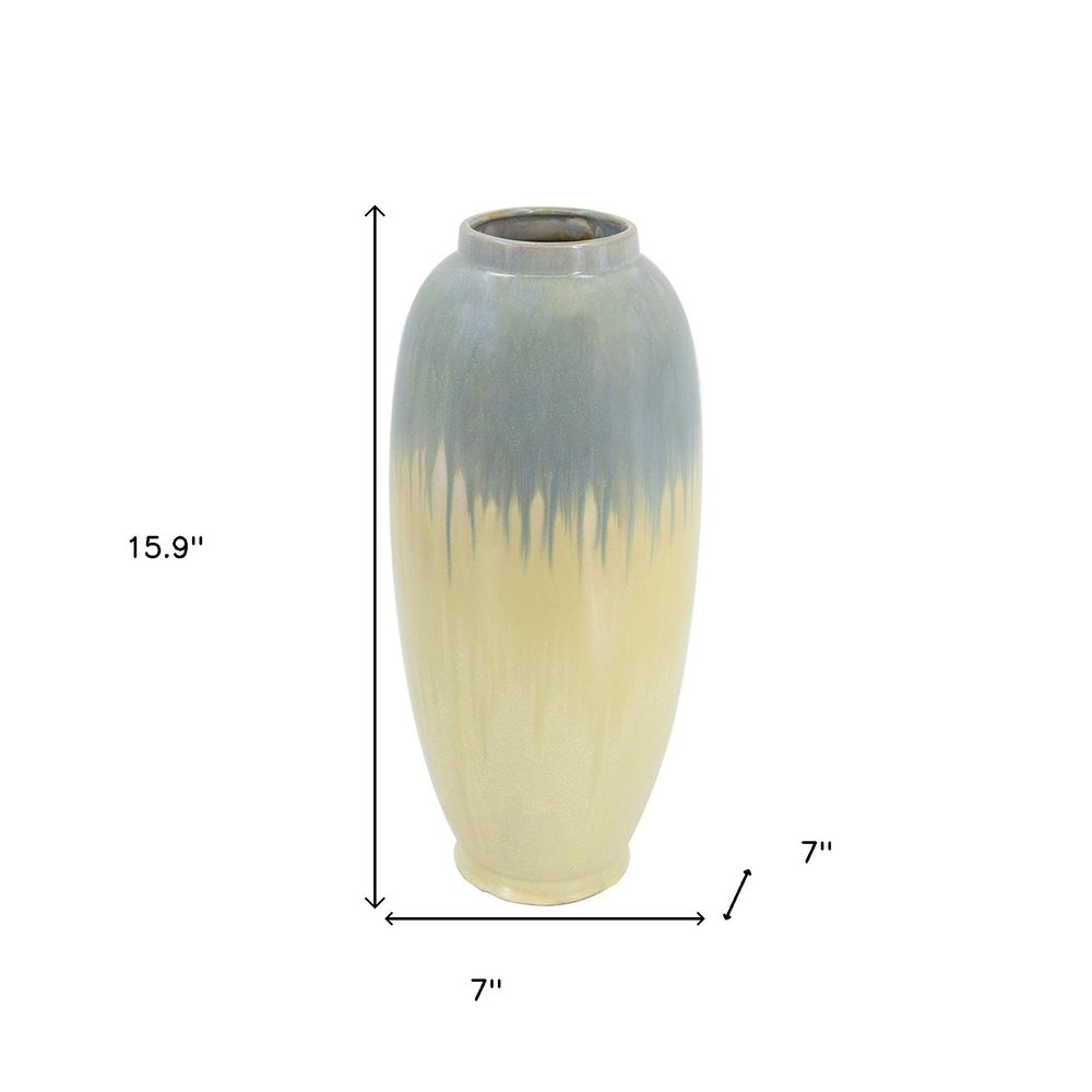 16" Blue And Cream Reactive Glaze Ceramic Cylinder Table Vase HomeRoots