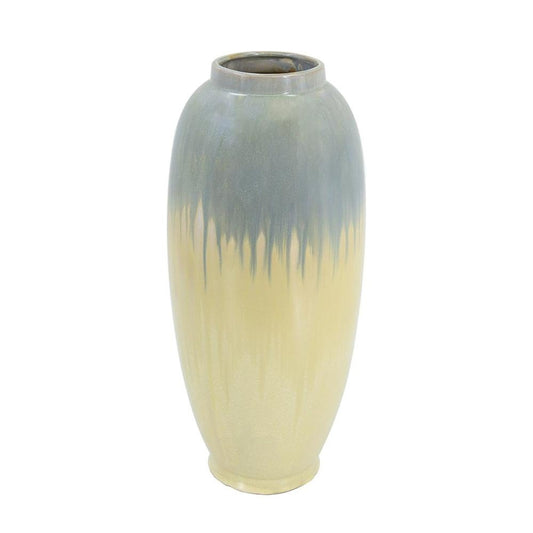 16" Blue And Cream Reactive Glaze Ceramic Cylinder Table Vase HomeRoots