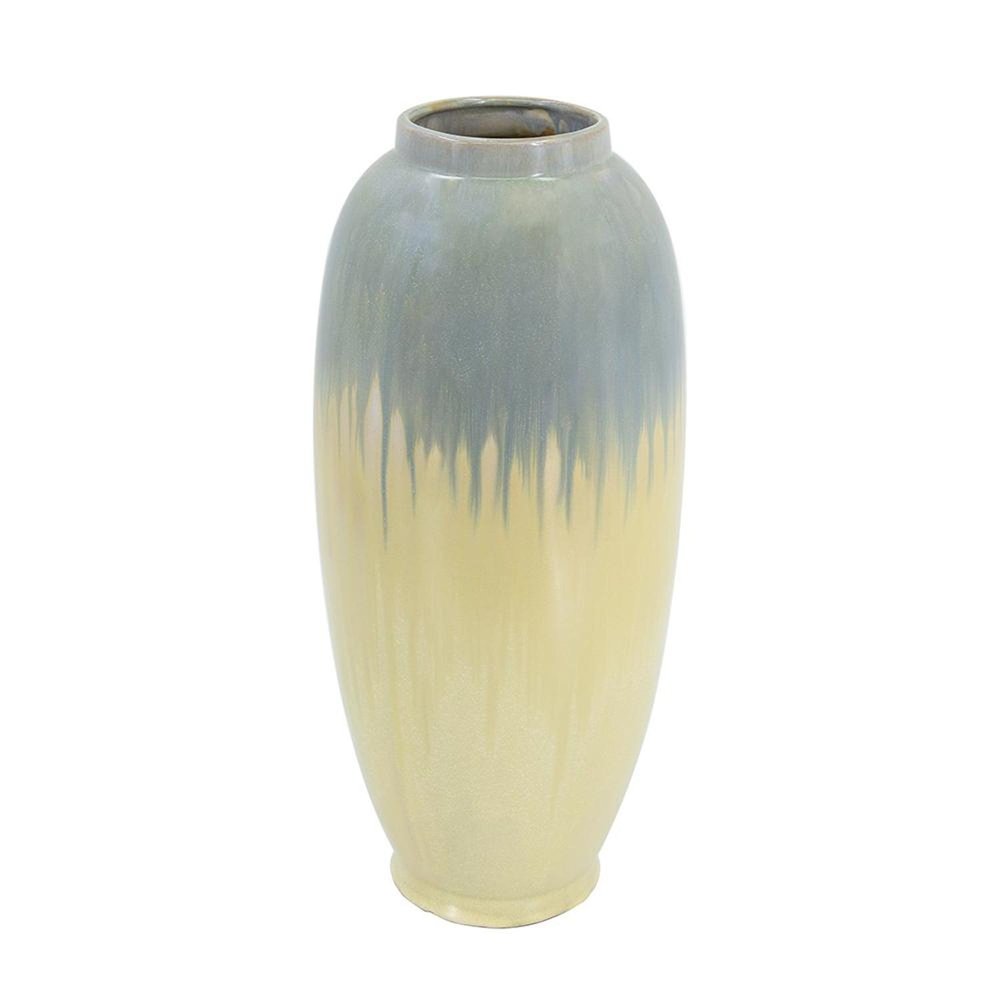 16" Blue And Cream Reactive Glaze Ceramic Cylinder Table Vase HomeRoots