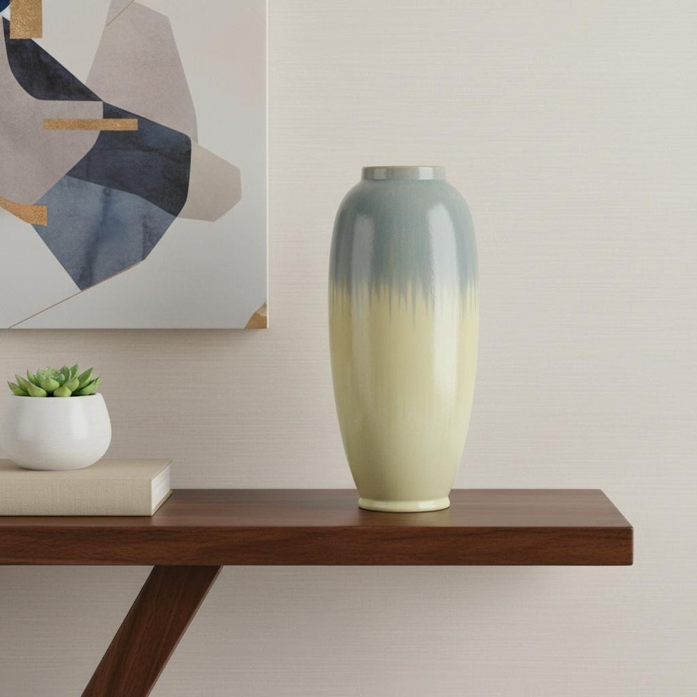 16" Blue And Cream Reactive Glaze Ceramic Cylinder Table Vase HomeRoots