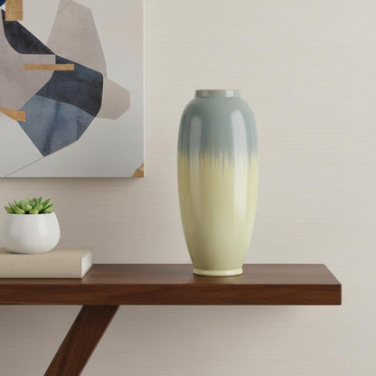 16" Blue And Cream Reactive Glaze Ceramic Cylinder Table Vase HomeRoots