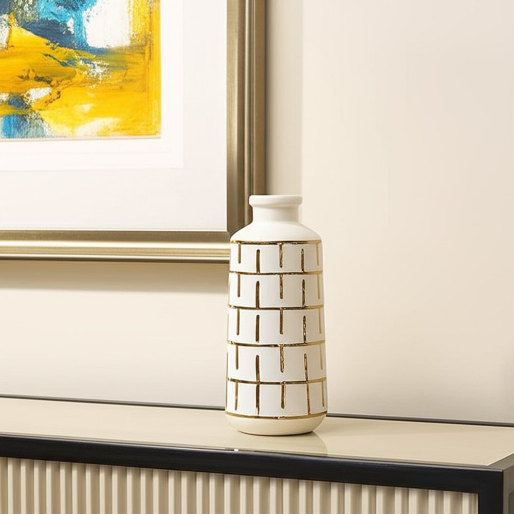 12" Ivory And Gold Geometric Cylindrical Ceramic Table Vase HomeRoots