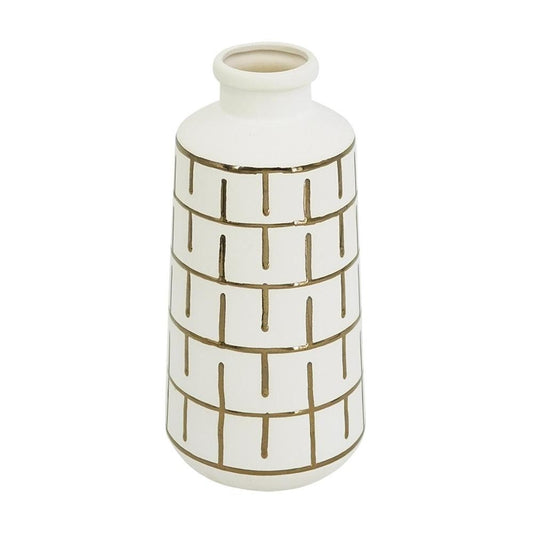 12" Ivory And Gold Geometric Cylindrical Ceramic Table Vase HomeRoots