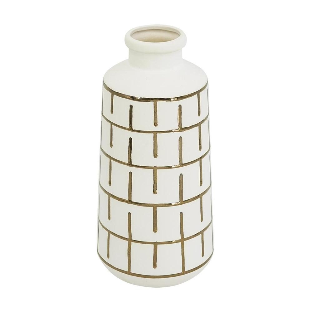 12" Ivory And Gold Geometric Cylindrical Ceramic Table Vase HomeRoots