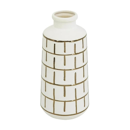 12" Ivory And Gold Geometric Cylindrical Ceramic Table Vase HomeRoots