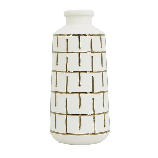 12" Ivory And Gold Geometric Cylindrical Ceramic Table Vase HomeRoots
