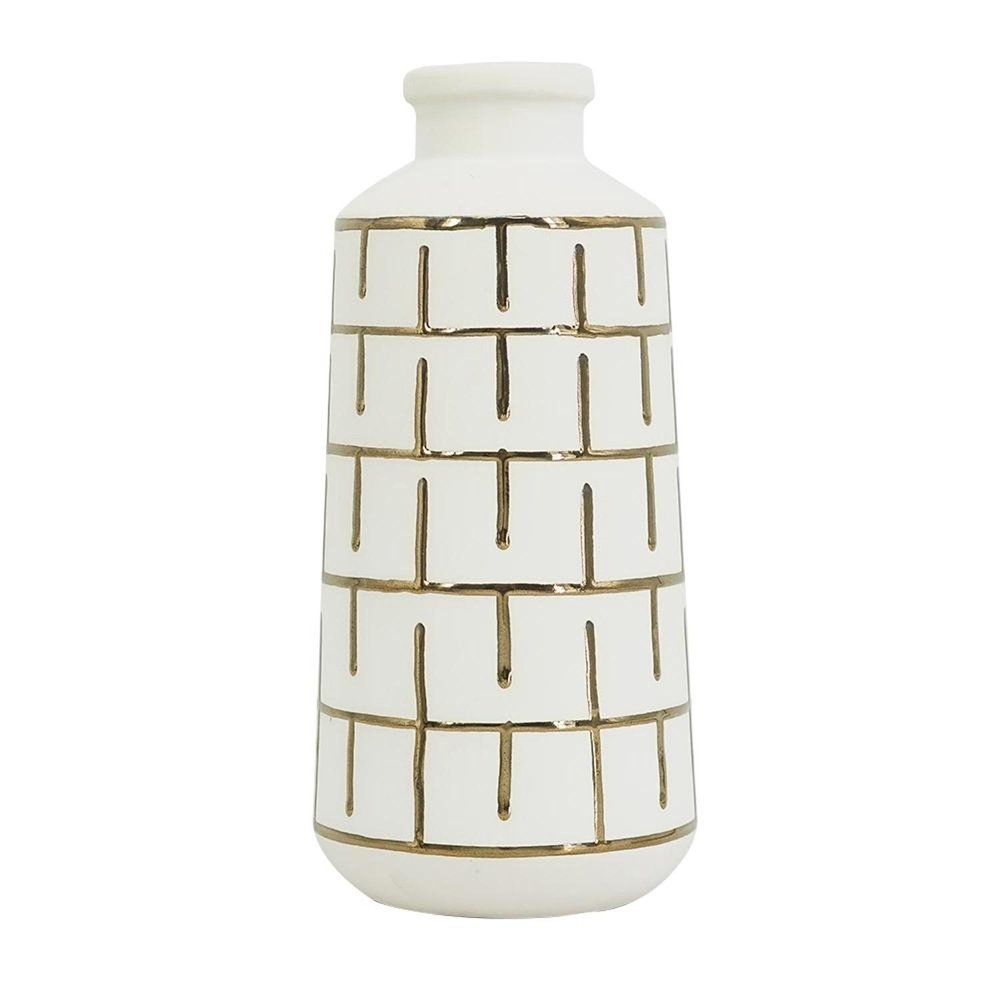 12" Ivory And Gold Geometric Cylindrical Ceramic Table Vase HomeRoots