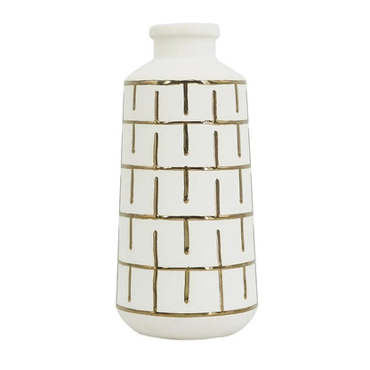 12" Ivory And Gold Geometric Cylindrical Ceramic Table Vase HomeRoots