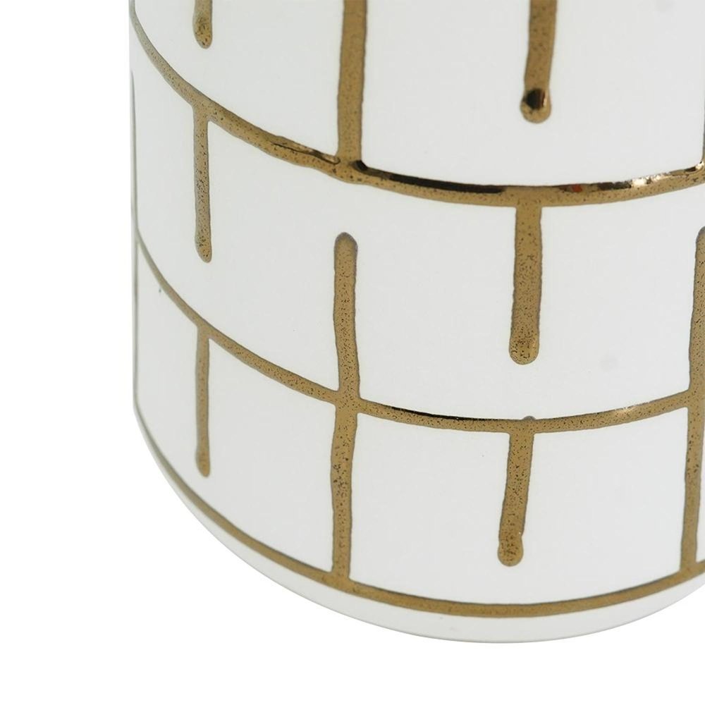 12" Ivory And Gold Geometric Cylindrical Ceramic Table Vase HomeRoots