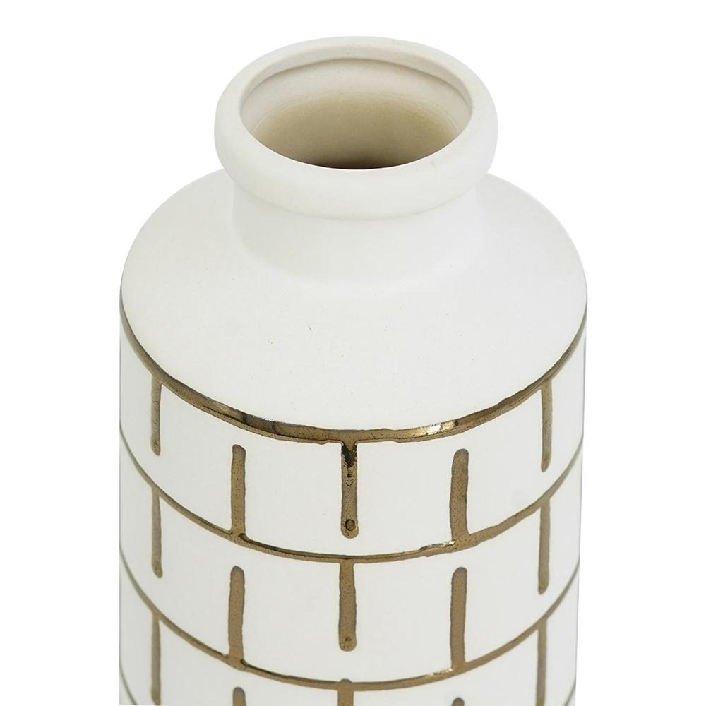 12" Ivory And Gold Geometric Cylindrical Ceramic Table Vase HomeRoots