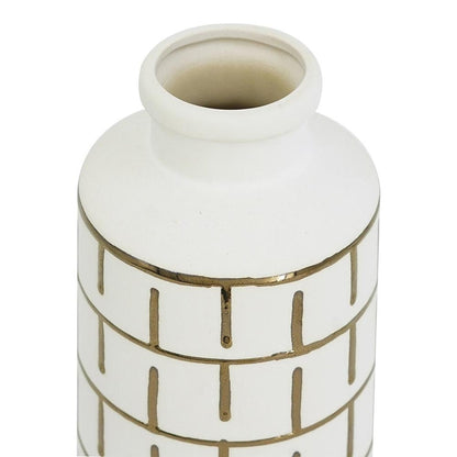12" Ivory And Gold Geometric Cylindrical Ceramic Table Vase HomeRoots