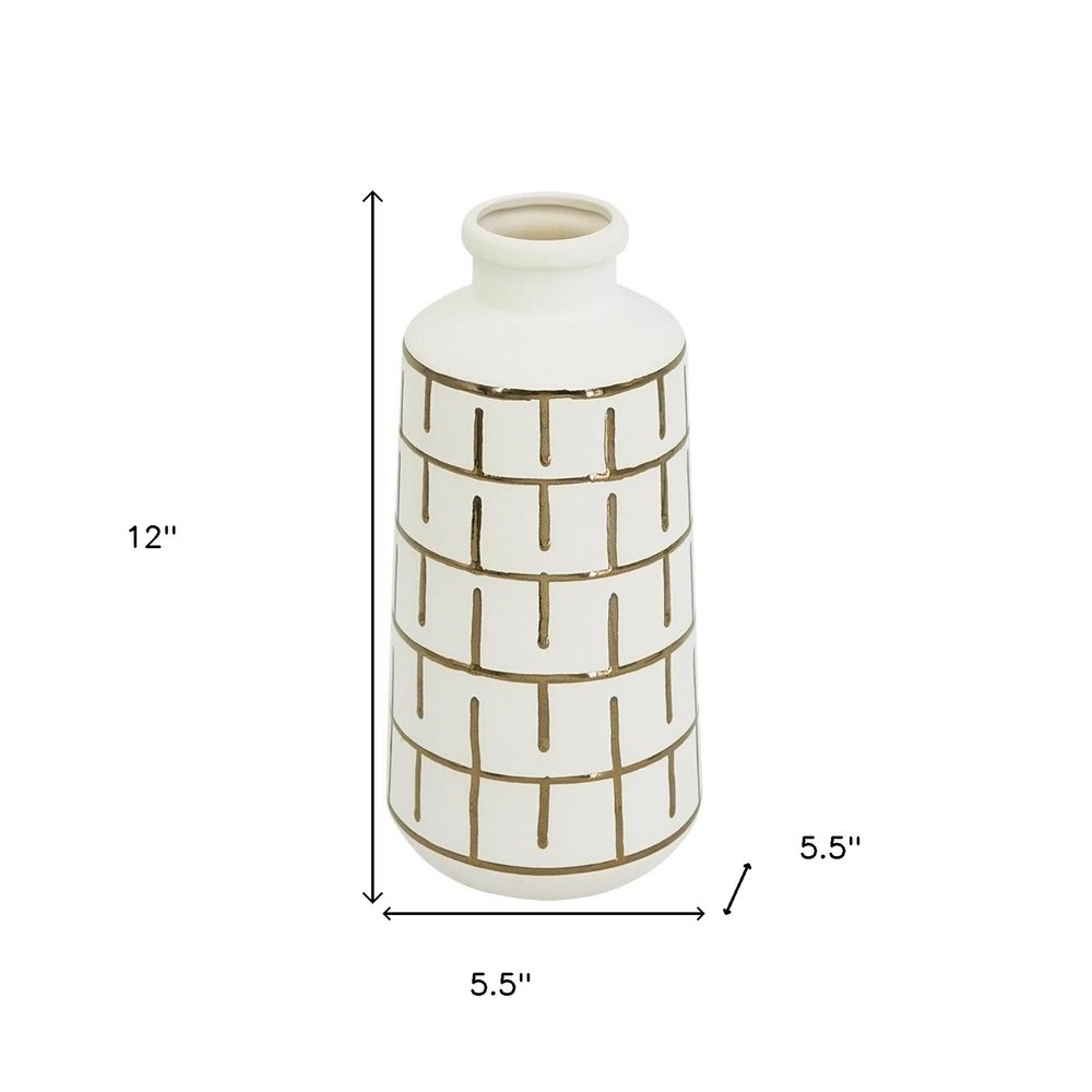 12" Ivory And Gold Geometric Cylindrical Ceramic Table Vase HomeRoots