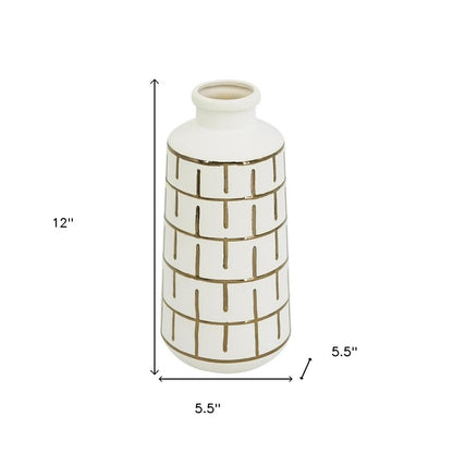 12" Ivory And Gold Geometric Cylindrical Ceramic Table Vase HomeRoots