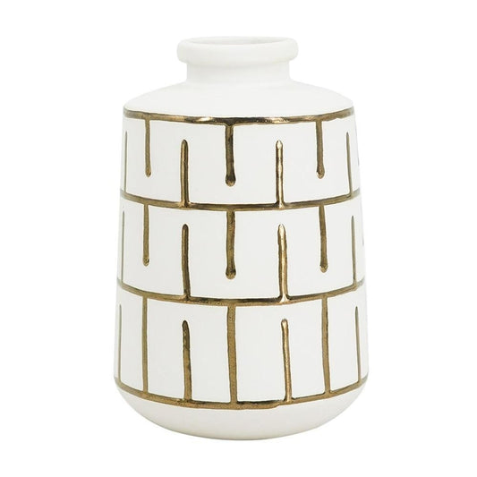 9" Ivory And Gold Geometric Round Ceramic Table Vase HomeRoots
